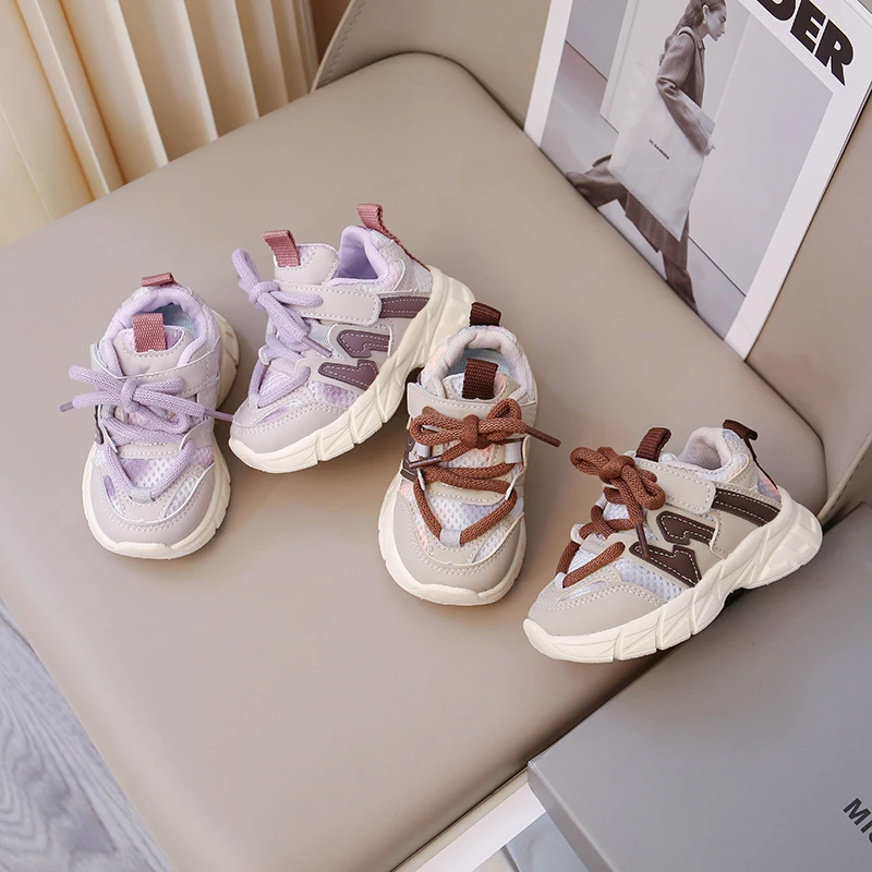 Baskets pour enfants en maille marron respirantes et légères pour garçons et filles, chaussures de tennis tendance antidérapantes et souples pour enfants et bébés_voghion.com