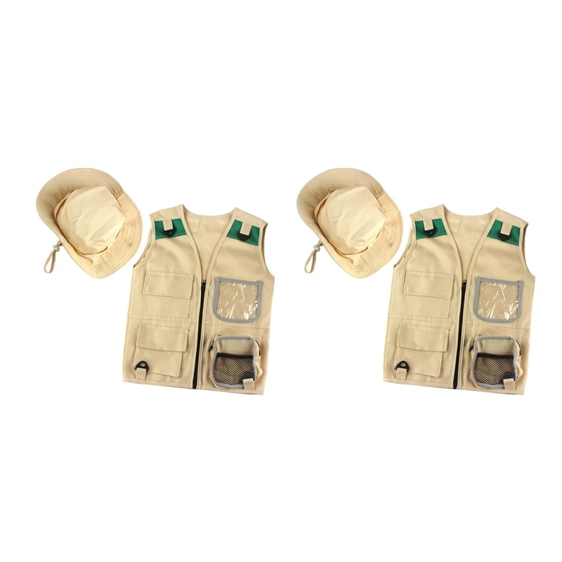 2X Outdoor Adventure Kit,Young Kid's Khaki Cargo Vest And Hat Comfortable And Durable Explorer Costume Role Play Toy