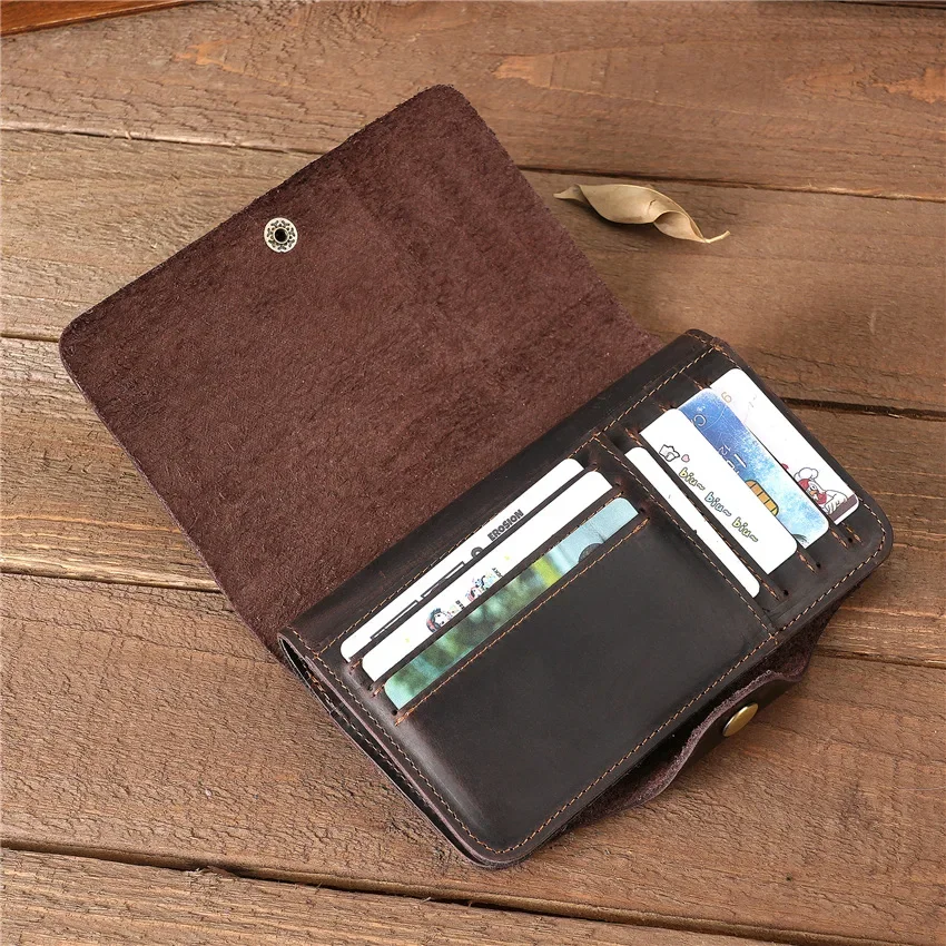Crazy Horse Leather Men's Wallet with Two Folds, Genuine Top Grain Leather, Vintage Purse