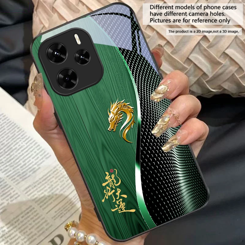 Elegant Black Tempered Glass Phone Case with Traditional Dragon Totem Design