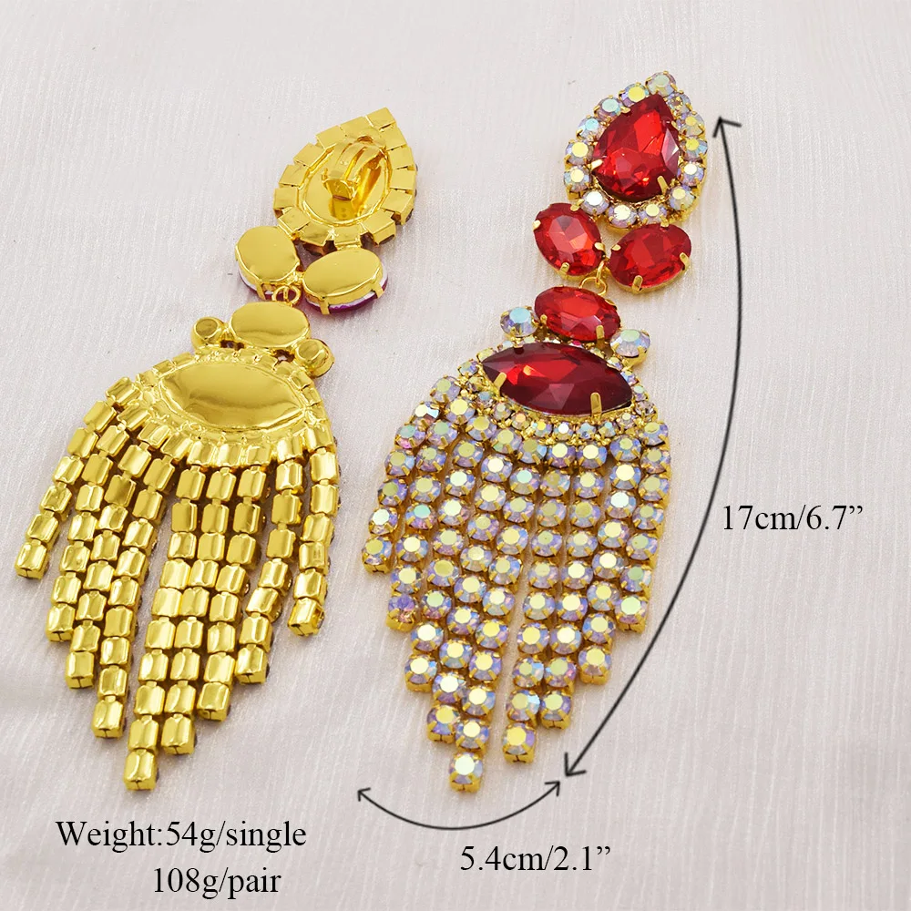 라인 석 SS28 Dazzling17CM 여성을위한 귀걸이에 긴 술 클립 보석 크리스탈 AB 드래그 퀸을위한 빅 사이즈 액세서리