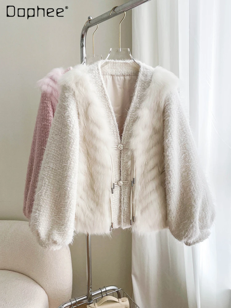 

2023 Winter Ladies Spokes Fox Furry Fur Clothing Sweet Short Coat Female V-neck Long Lantern Sleeve Brushed Knit Woolen Jacket