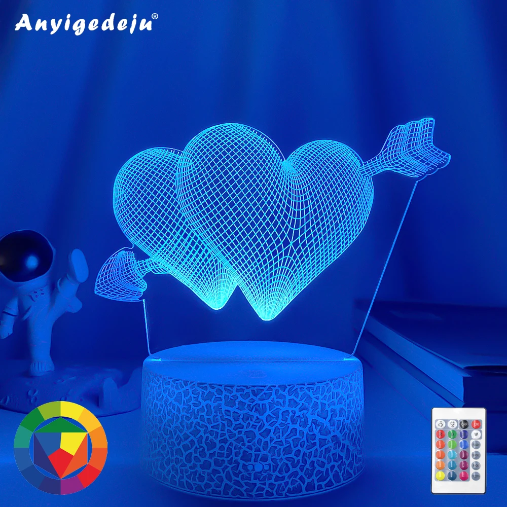 

Светодиодный ночсветильник со стрелками через два сердца, украшение для спальни для девочек, уникальный подарок для ее свадьбы, торгового центра, идея для подарка, 3d-лампа