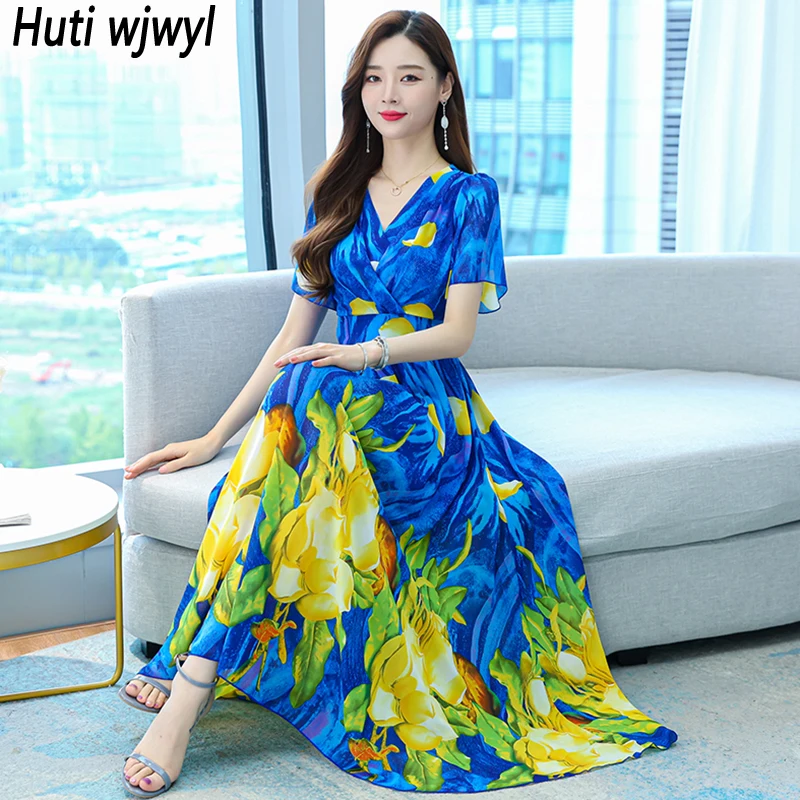2024 Casual Vacation Beach Boho Sundress Women Floral Chiffon Vintage Maxi  Dress Spring Summer New Elegant Bodycon Party Vestido - AliExpress