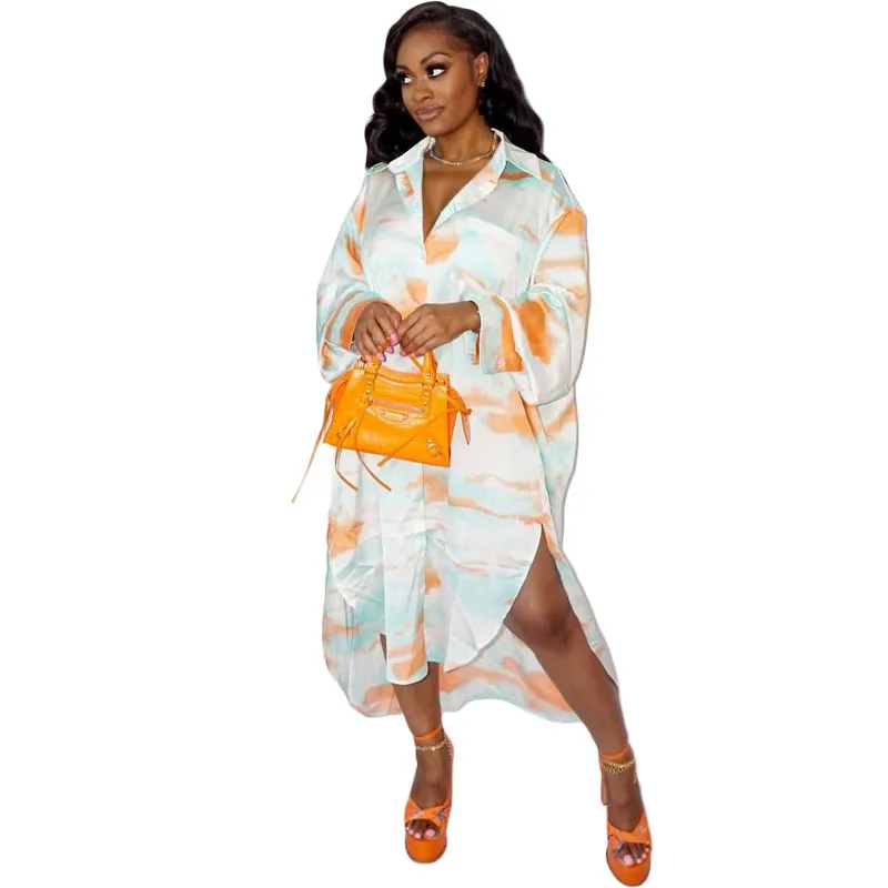 

African Dresses Women Clothes Turn Down Collar Pocket Robe Fashion New Tie Dye Print Loose Streetwear Casual African Shirt Dress