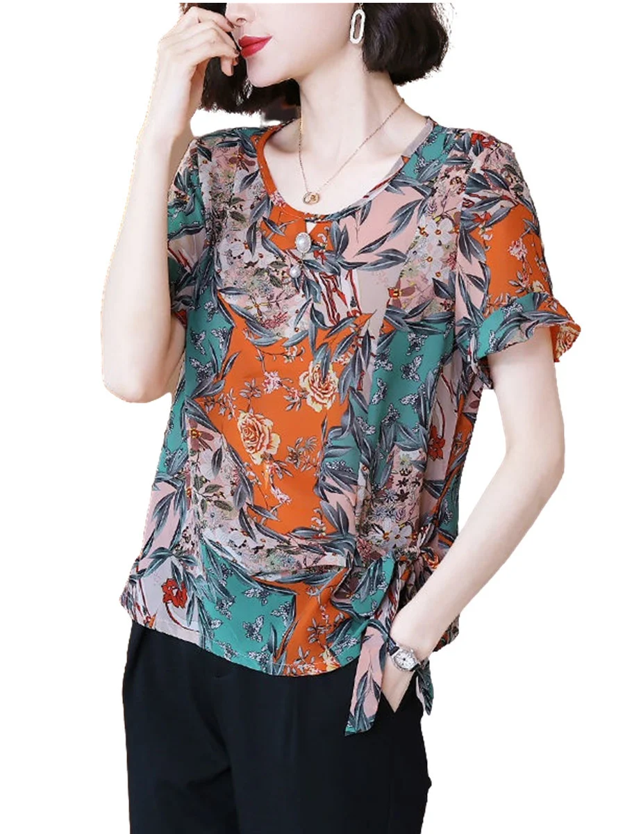 4XL Women Spring Summer Blouses Shirts Lady Fashion Casual Short Sleeve O-Neck Collar Retro Printing Button Blusas T