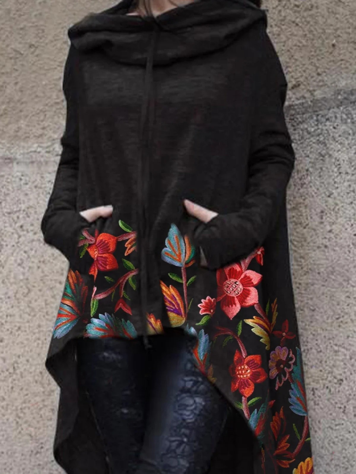 Cotton Blend Women Floral Asymmetric Hem Drawstring Hoodies Sweatshirt Loose Poncho Coat for Women Hooded Sweatshirt 2024