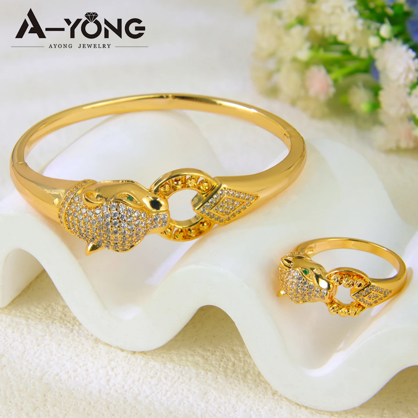 Italienische Mode Hip-Hop Leoparden-Schmuckset 24k Vergoldet Arabischer Zirkonia Punk Panther Armreifen Ringe Oman Damen Event-Schmuck – Detail 9