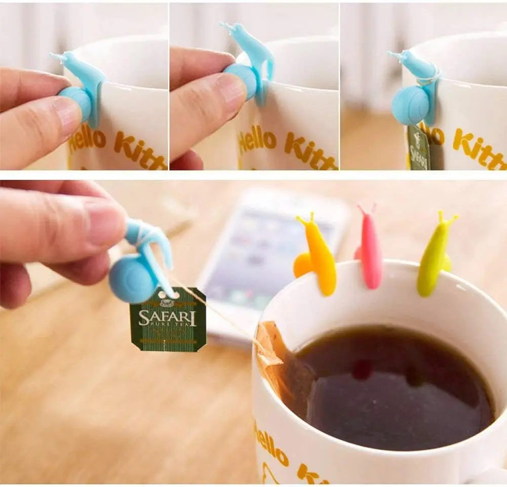Snail Shape Tea Bag Holder Cup Mug Decoration Tool Creative Food Grade Silicone Soft Clips Tea Bag Coasters Tools 10Pcs silicone tea bag holder