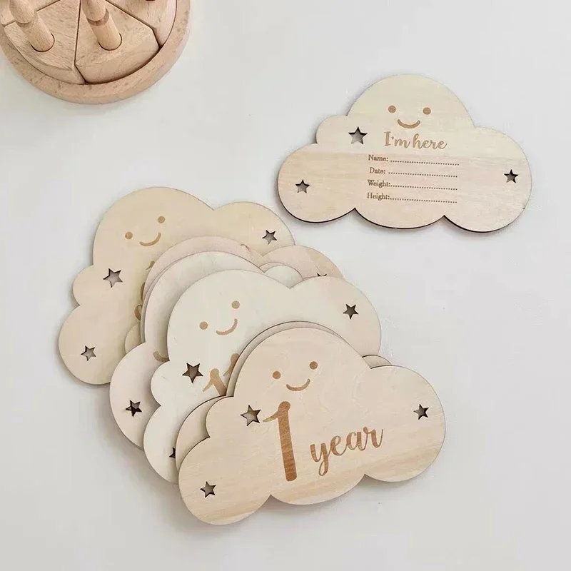 1Set Wooden Baby Month Milestone Card Cloud Shape Record Card Newborn Birthday Gift Souvenir Baby Photo Photography Accessories
