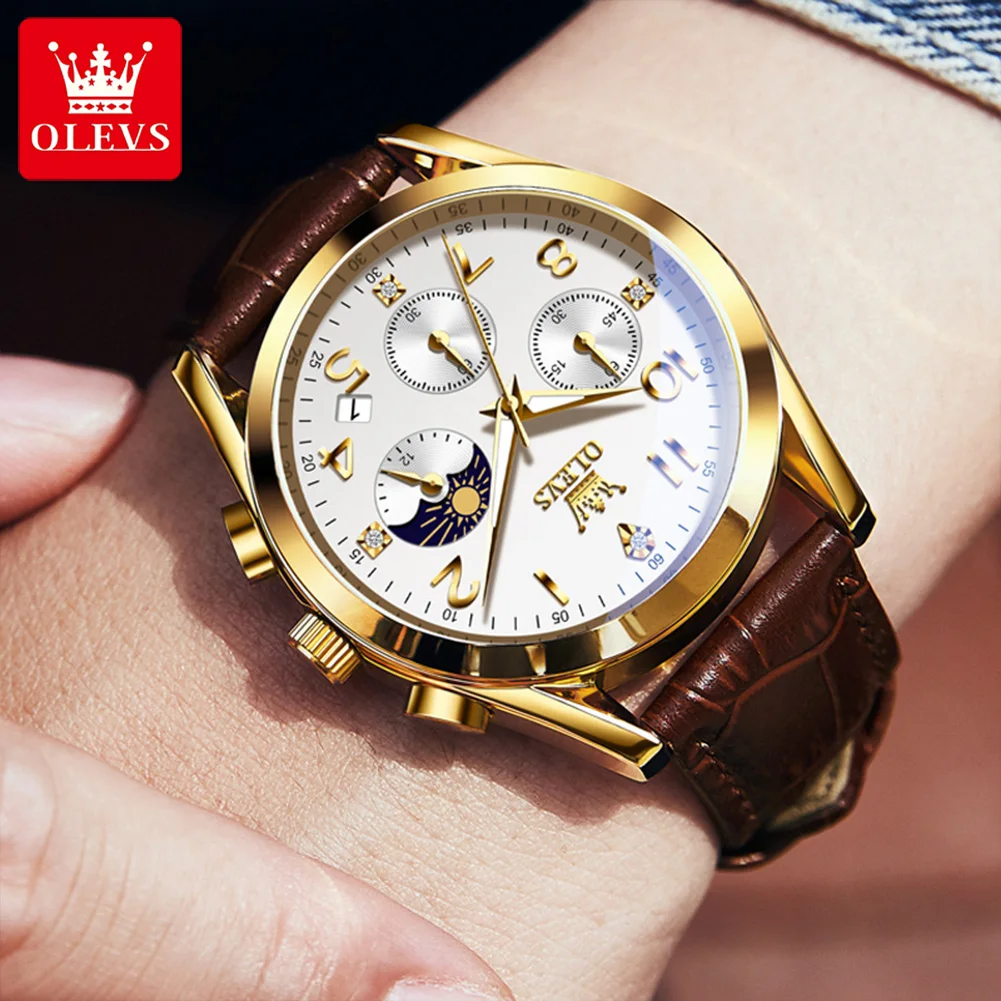 OLEVS Top Brand Business Mens Watches Luxury Sports Quartz Watch Leather Waterproof Chronograph Wristwatch Men Relogio Masculino