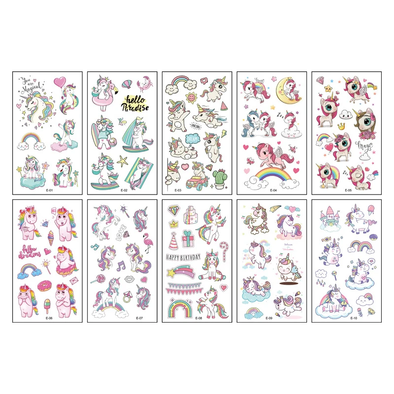 Fake tattoo stickers 10 sheets Unicorn Fake Tattoo Stickers Cartoon Temporary Tattoos Kids Unicorn Decoration Waterproof Tattoo Birthday Baby Shower