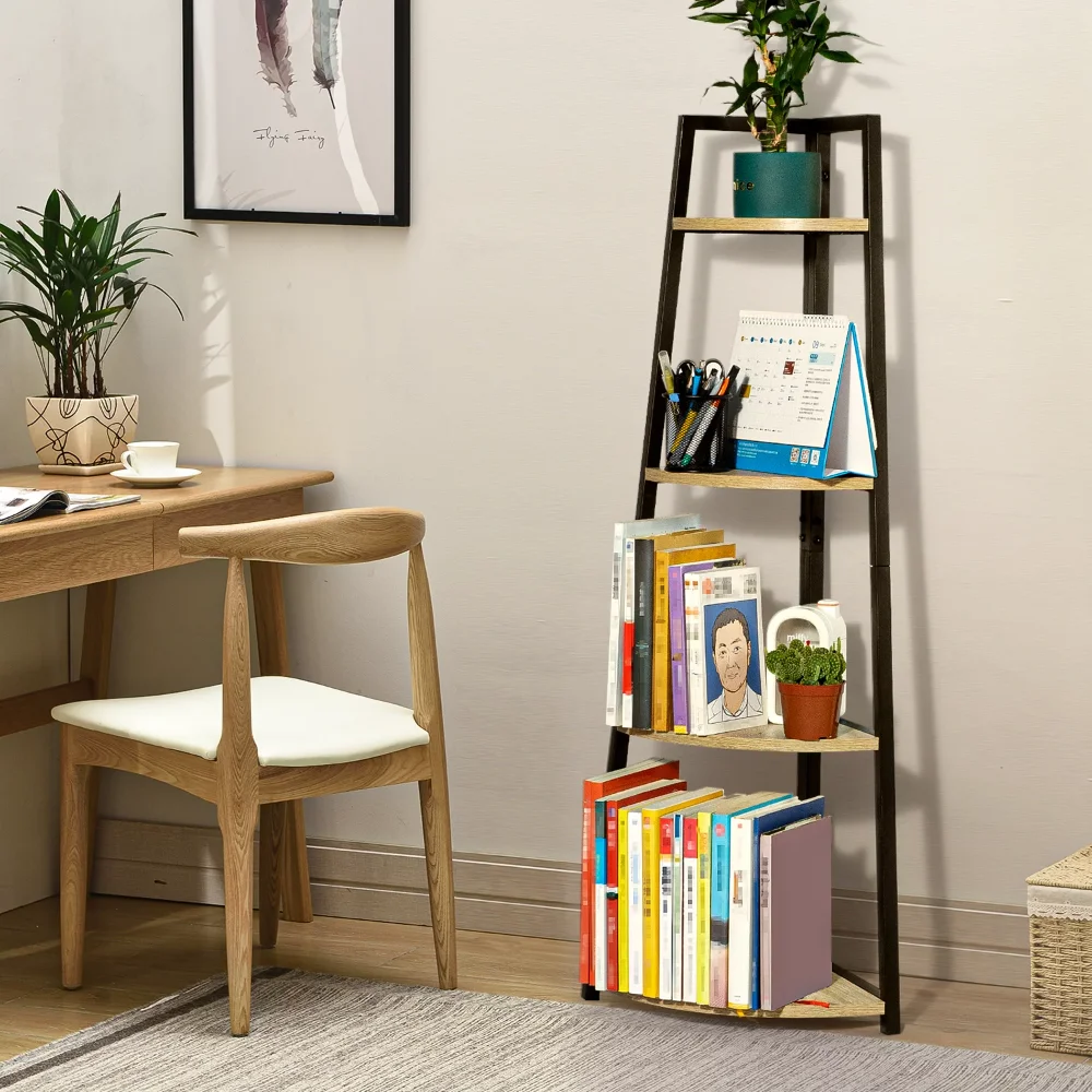 4-Tier Corner Ladder Wood Shelf, Display Rack Multipurpose Bookshelf and Plant Stand for Living Room and Office, Light Brown