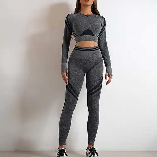 2Pcs Women Autumn Winter Seamless Yoga Set Workout Clothes Long Sleeve Gym Crop Peach Top High Waist Leggings Fitness Sport Suit - Image 9
