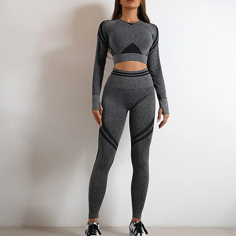 2Pcs Women Autumn Winter Seamless Yoga Set Workout Clothes Long Sleeve Gym Crop Peach Top High Waist Leggings Fitness Sport Suit - Image 9