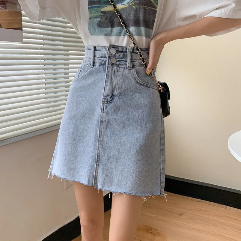

Summer Frayed Edge Cool Simple Mini Jean Skirts Women Button Denim Bodycon A-Line High Waist Sexy Club Y2k Slim Fit Howdfeo