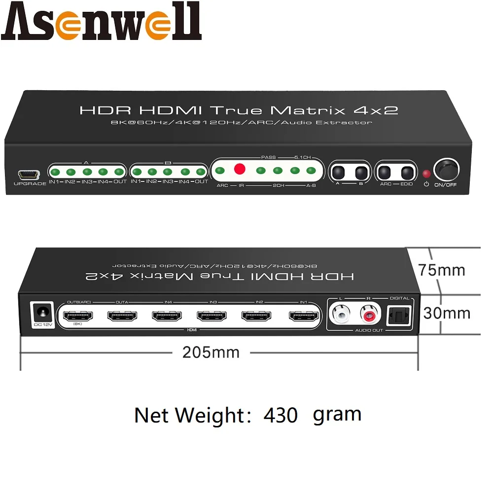 8K HDMI Matrix 4x2 Switch HDMI Splitter 4 In 2 Out 4K120Hz ARC CEC UHD HDR10+ VRR ALLM Dolby Vision OSD SPDIF 5.1 LR 2CH for PS5