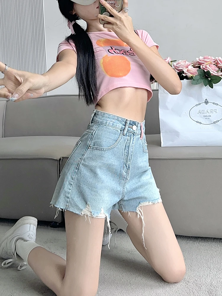Retro High Waist Denim Shorts Women Sexy Hole Frayed Slit Jeans Summer Fashion Streetwear Harajuku Casual Slim A-Line Hot Pants