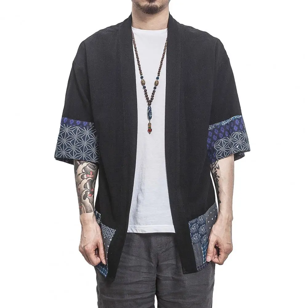 

Loose Fit Cardigan Coat Men Cardigan Coat Retro Men's Patchwork Cardigan Coat Stylish 3/4 Sleeve Open Front Poncho Outerwear