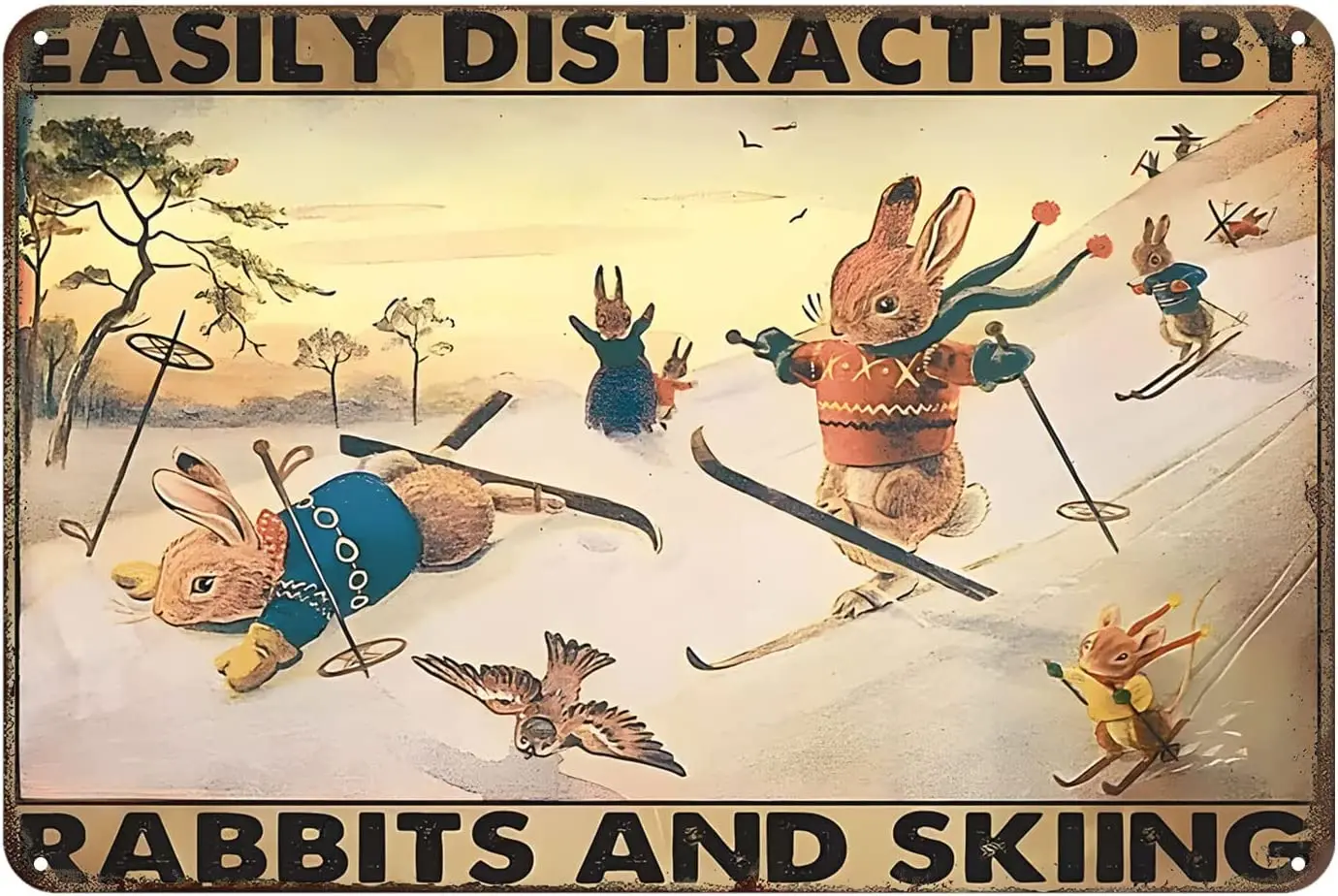 

Retro Tin Sign Easily Distracted by Rabbits and Skiing Metal Sign Home Kitchen Bar Cafe Club Cave Wall Decor Rabbit Tin Sign