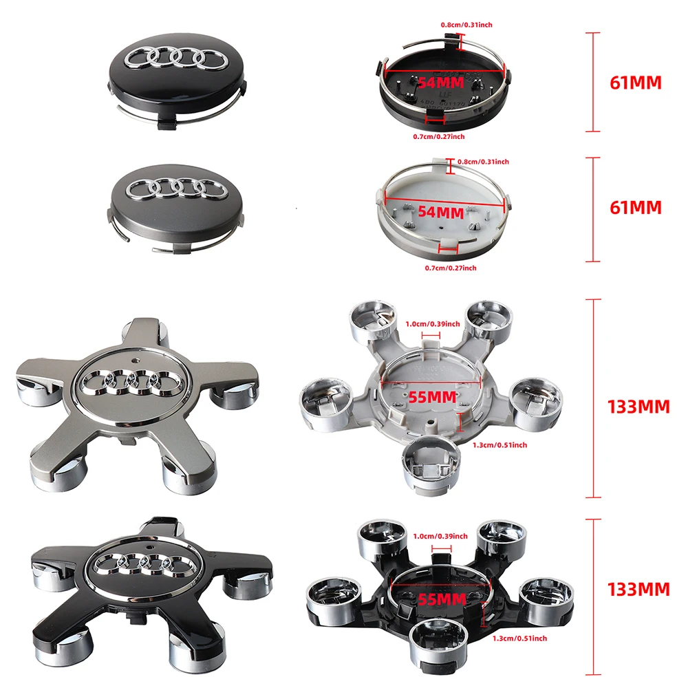 4개 61mm/133mm 자동차 휠 센터 캡 허브 커버 배지 아우디 A1 8X A3 8P 8L A4 콰트로 슬라인 A5 A6 A7 A8 TT Q3 Q5 Q7 Q8 B6 B7용