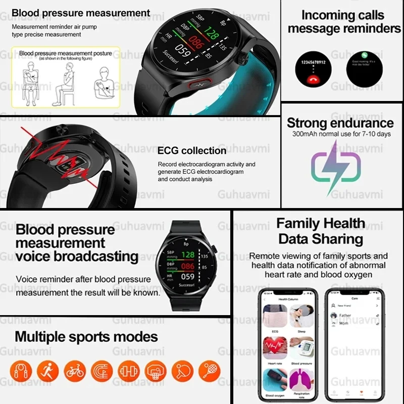 Air pump+air bag type Smart Watch blood pressure ECG+PPG blood sugar blood fat uric acid monitor Health medical grade Smartwatch