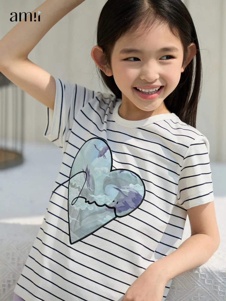 

Amii Kids Girls Clothes 3 To 14 Years Pinstripe Tees 2023 Summer Short Sleeve Printed Heart Shaped Top Kid's T-shirt 22322024