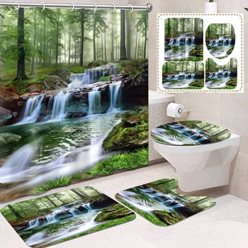 ม่านอาบน้ำกันน้ำลายพิมพ์น้ำตกแม่น้ำป่า 4 ชิ้น พร้อมตะขอ 12 อัน และพรมเช็ดเท้าในห้องน้ำ 1