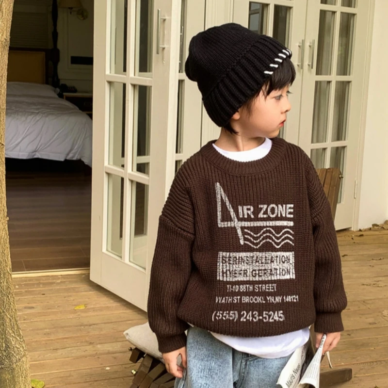 

Boys Woolen Sweater Crochet Cotton Windbreak 2023 Letters Plus Thicken Autumn Winter Outwear School Warm Children's Clothing