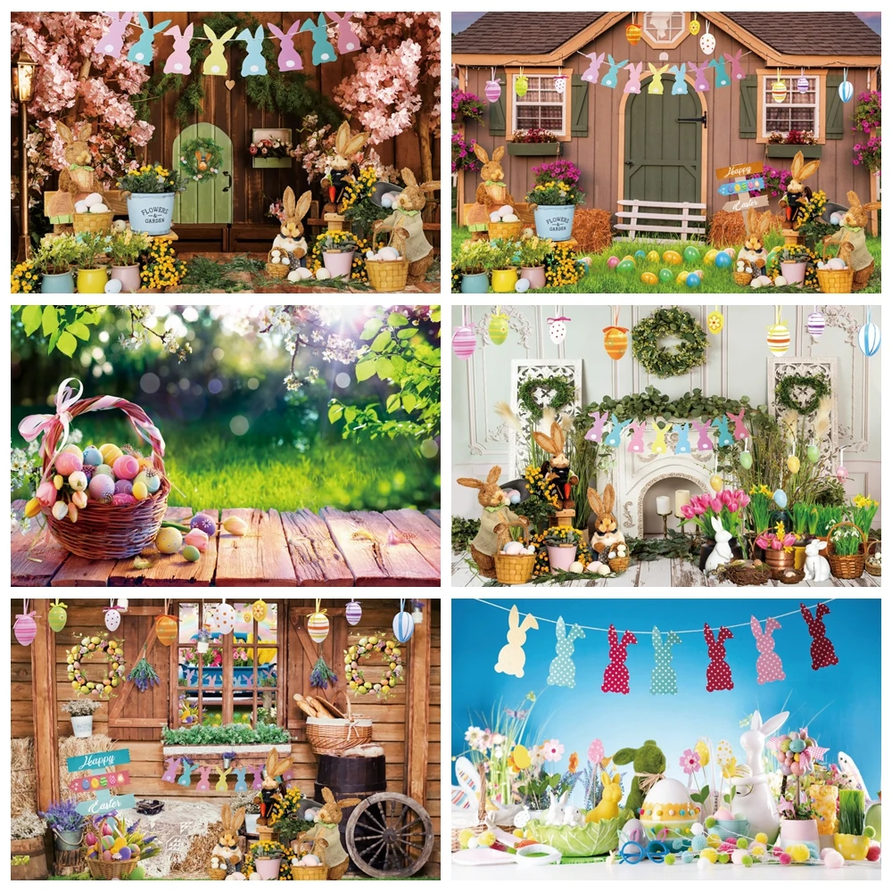 Easter Wood Board Sfondo Spring Garden Green Grass Uova Colorate Bunny Baby Portrait Photography Background Photo Studio