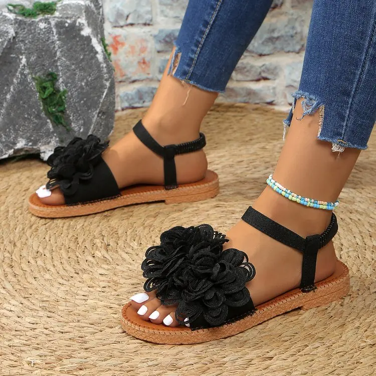 Women's White Floral Flat Sandals Elastic Ankle Strap Open Toe Summer Beach Casual Shoes Ladies Bohemian Comfort_vogvips.com