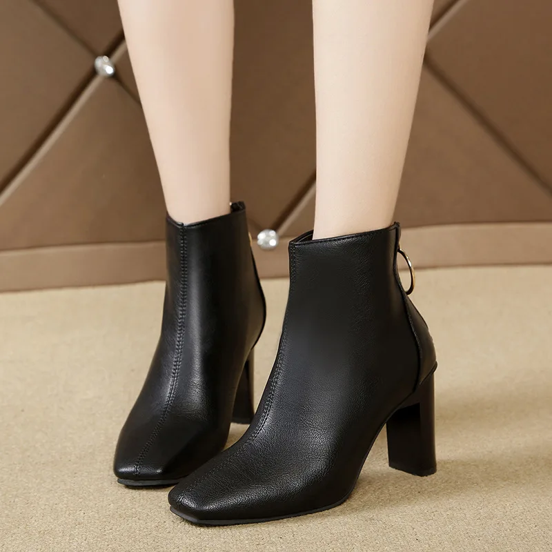 Luxury New Leather Boots for Women Square Toe High Heel Ankle Boots Zipper Short Boots Thick Heel Boots Woman Shoes Ladies