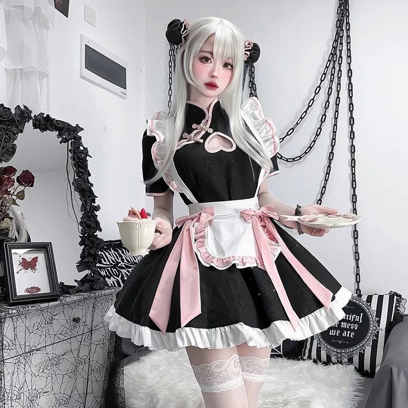 

Halloween Party Waitress Role Play Animation Show New Chinese Style Maid Lolita Cosplay Costume Women Sweetheart Cheongsam Dress