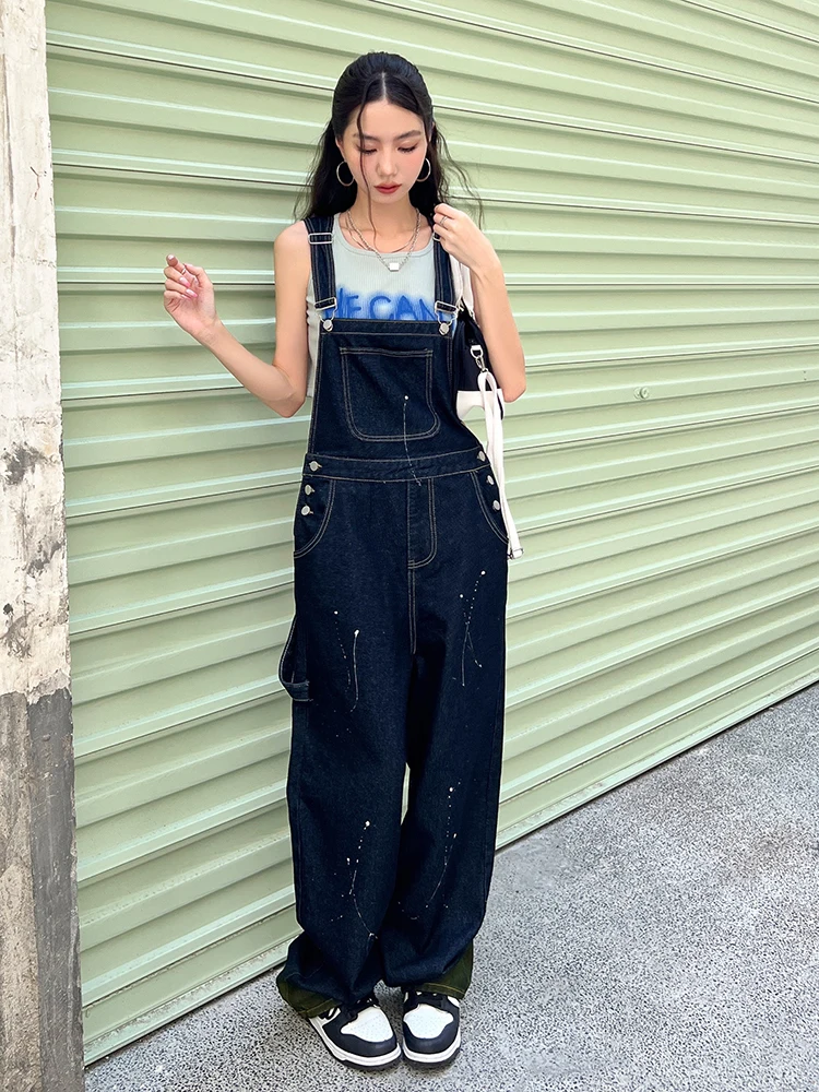 

Retro Easy Matching Large Loose Pockets Student Denim Suspender Pants Women High Waist Pants Jumpsuits Tide Pockets 2023
