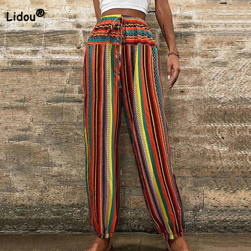 Summer Autumn New Bohemian Multi-element Geometric Printed Trousers Drawstring High Waist Patchwork Pockets Casual Pencil Pants