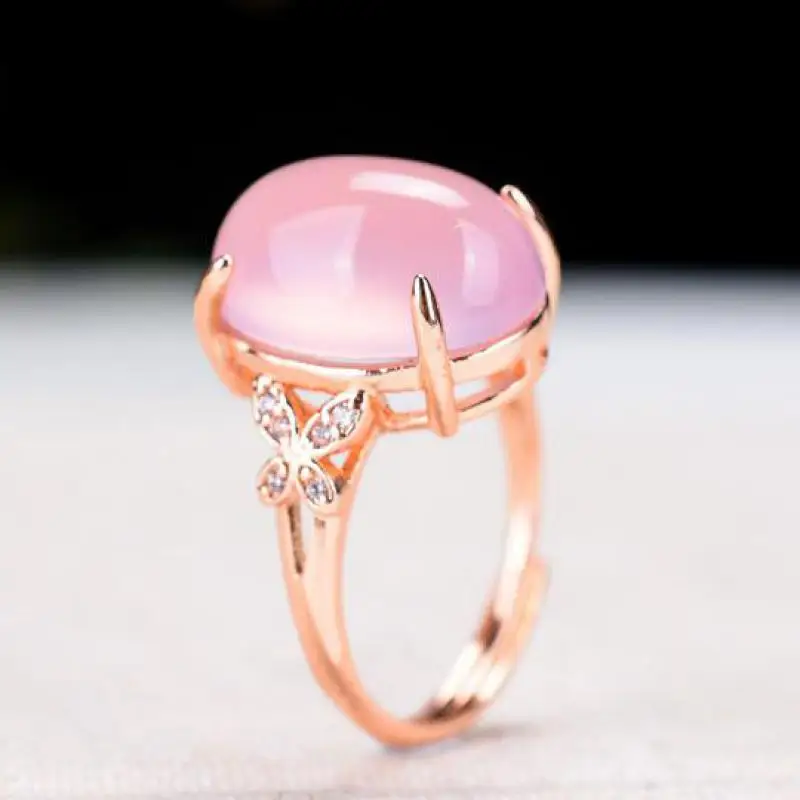 Natural Pink Jade Rings With Zircon Butterfly Chalcedony 925 Sterling