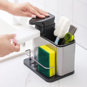 3-in-1 Dish Soap Dispenser Sponge Holder Sink Caddy Organizer Dish Soap Dispenser Sink Stainless Dish Brush Scrubber for Kitchen