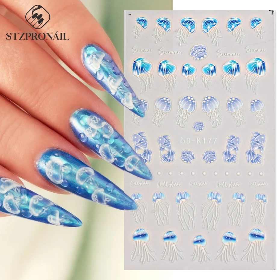 5D Jellyfish Seahorse Embossed Nail Art Stickers Acrylic Seashell