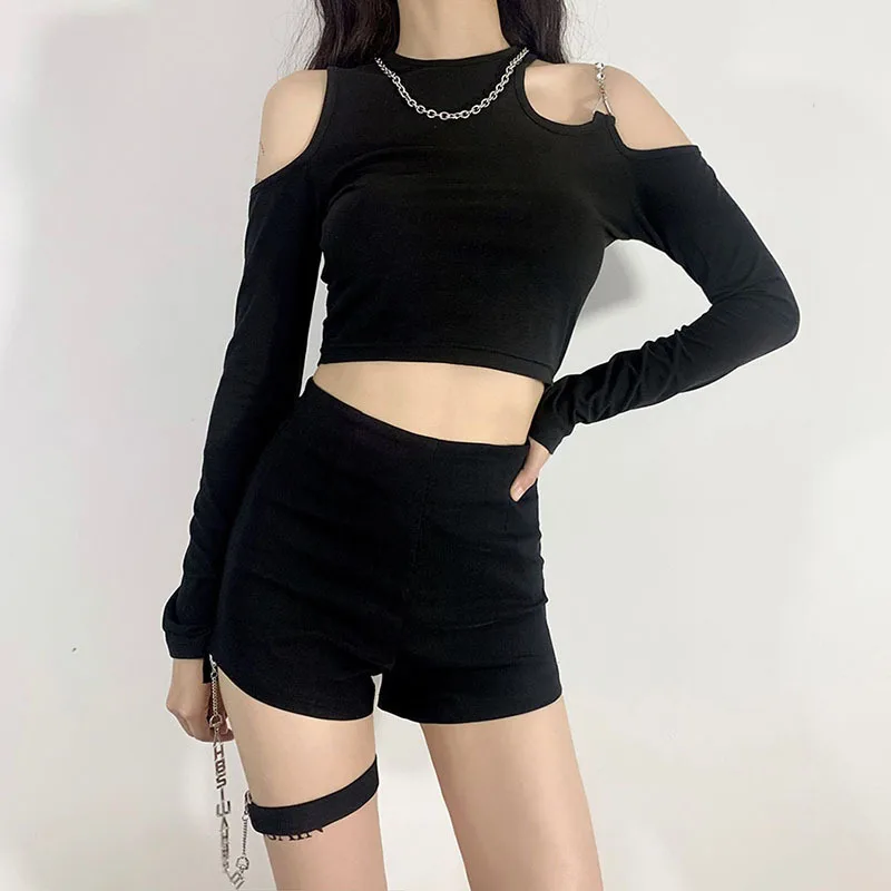 

Women Clothing Streetwear Fashion Spring Summer New Slim Fit Sexy Off Shoulder Long Sleeve Crew Neck Short T Shirt and Shorts