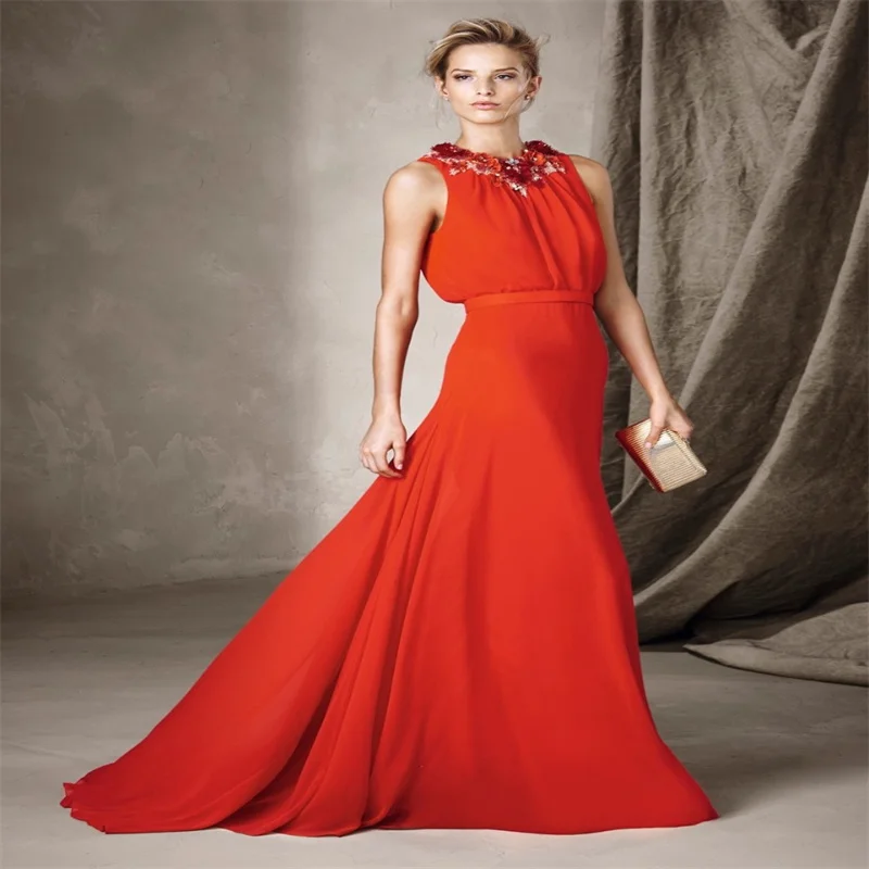

MULONG Summer Fashion Women's Long Evening Dress Elegant Sleeveless Red Chiffon Vintage Prom Party Dresses Latest Fashion