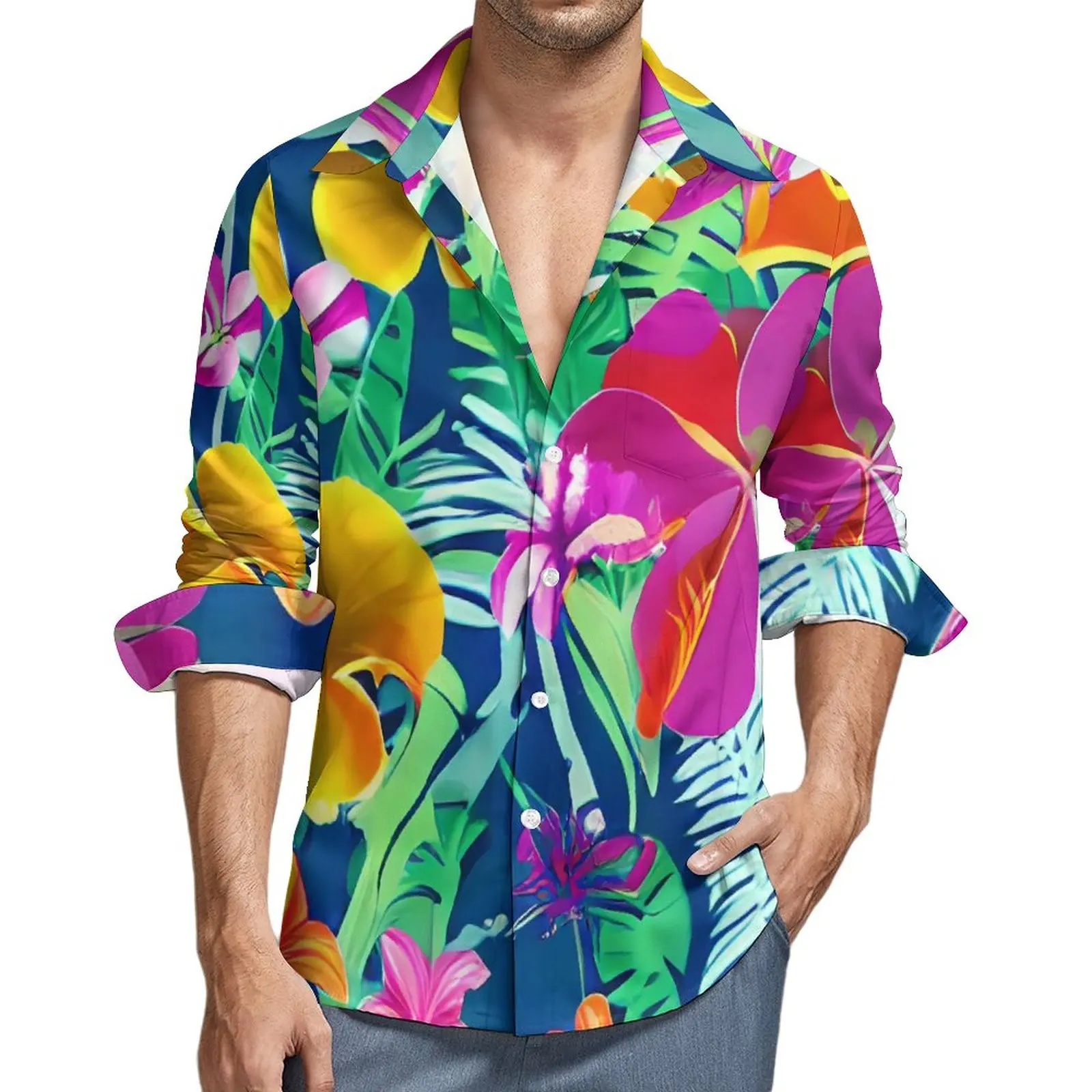 

Tropical Florals Casual Shirts Mens Colorful Flowers Shirt Long Sleeve Trendy Harajuku Blouses Autumn Graphic Clothing Plus Size