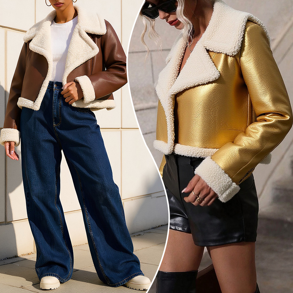 Women's Casual Cropped Jacket Autumn Essential Black Leather with Plush Trim  Zipper Front Daily Outerwear