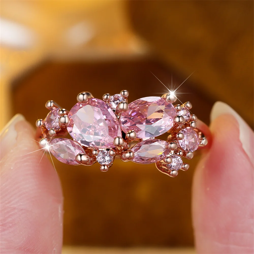 Cute Pink Crystal Water Drop Stone Rings For Women Vintage Rose Gold Color Engagement Ring Wedding Jewelry Bridal Versatile Gift