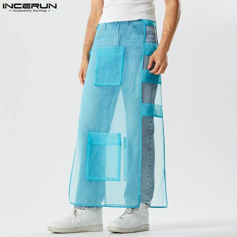 

INCERUN 2023 American Style New Mens Pantalons Stylish Solid See-through Mesh Trousers Casual Sexy Pocket Half Skirt Pants S-5XL