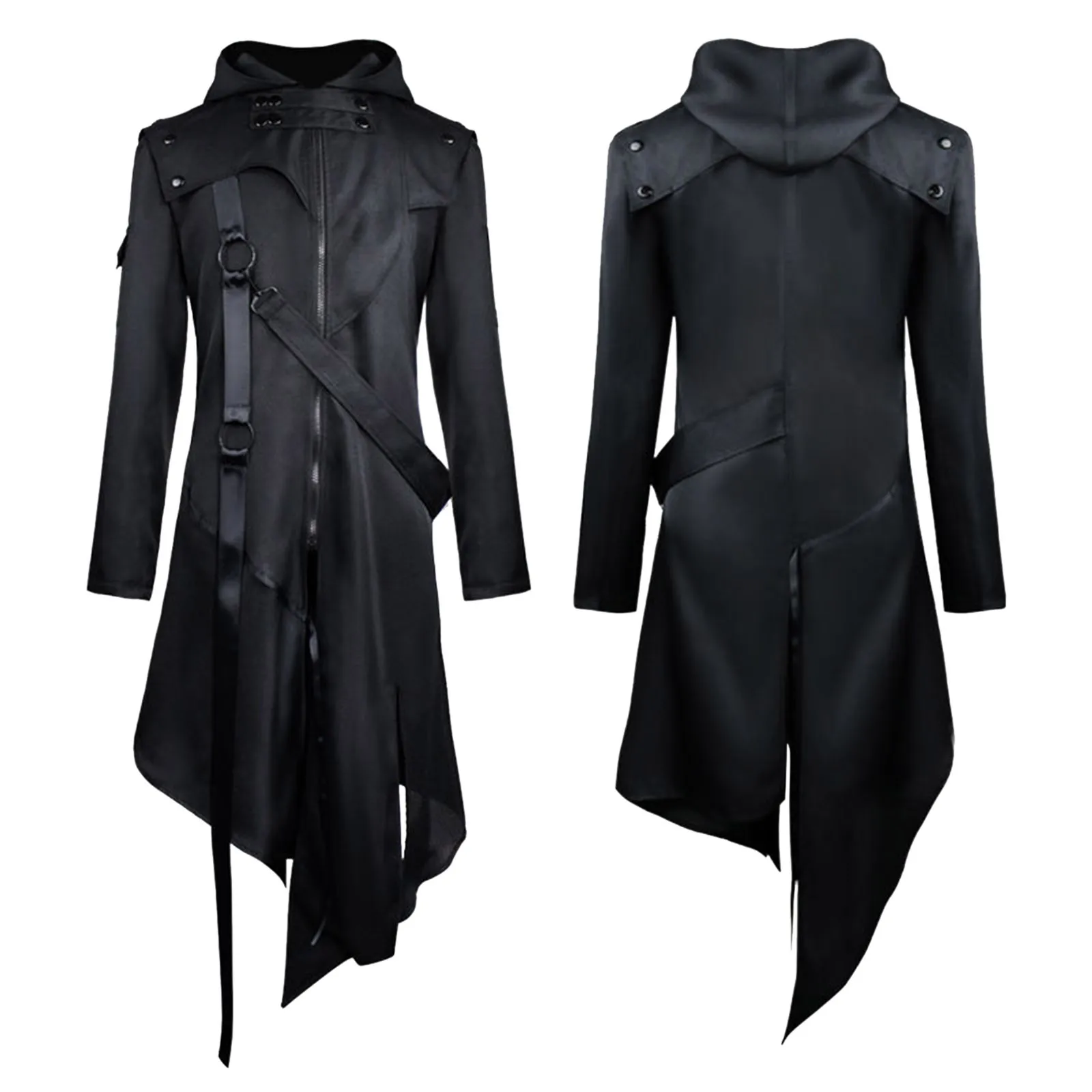 Male Vintage Gothic Coat Splice Zipper Belt Hooded Long Sleeve Long Jacket Steampunk Trench Coat Gothic Jacket Cosplay Costume