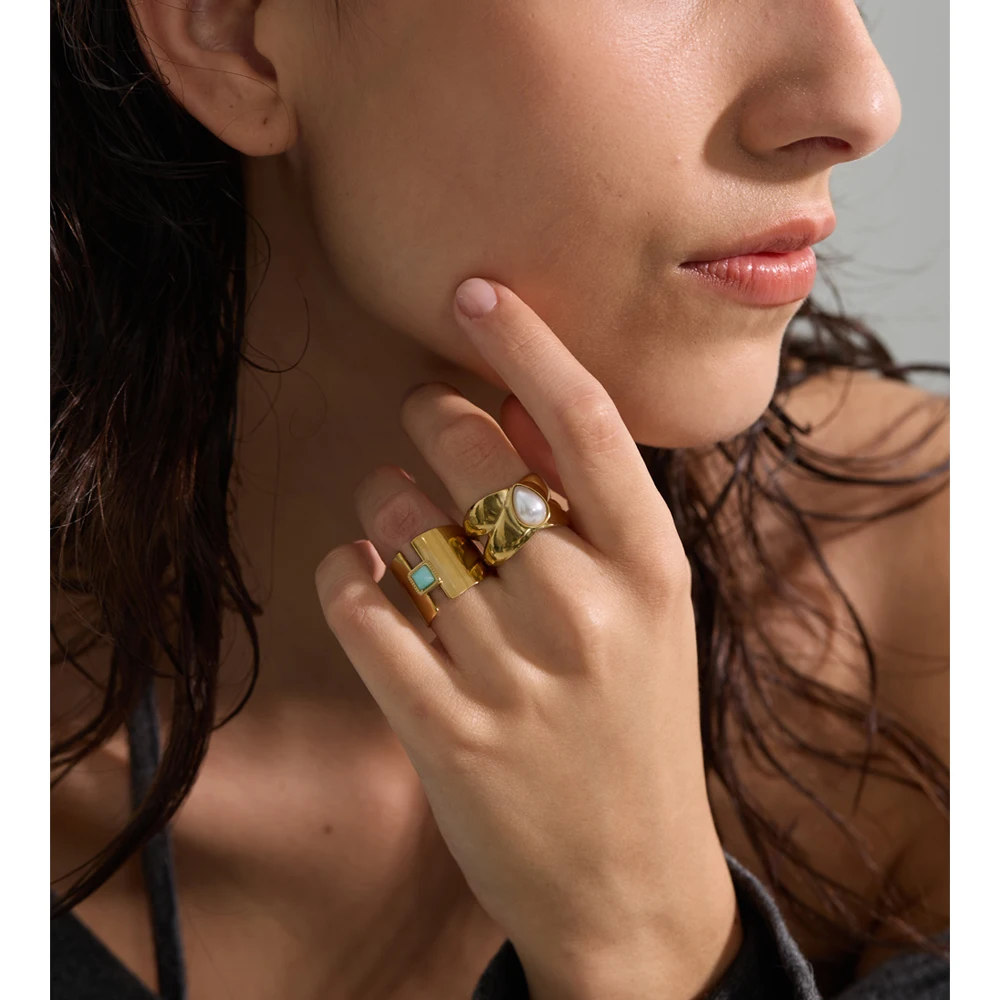 Yhpup Ring Amazon Stone Pearl Open Golden Cast for Women