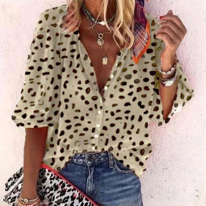 

Summer Loose Ink Dots Print Women's Shirts Office Large Size Blouses Long Sleeve V Neck Top Casual Ladies Party Cardigan Blouse