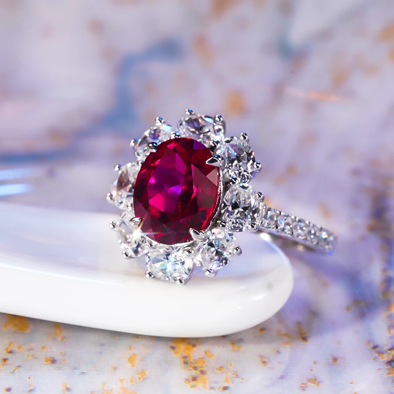 

High Jewelry Pigeon Blood Ruby Ring S925 Sterling Silver Women's Flower Ring Color Red Gemstone for Women Party Gift Luxury