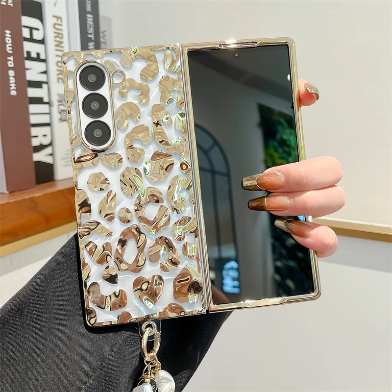 För Samsung Galaxy Z Fold 6 Luxury Classic Leopard Wave Shockproof Pearl Chain Telefonfodral_voghion.com