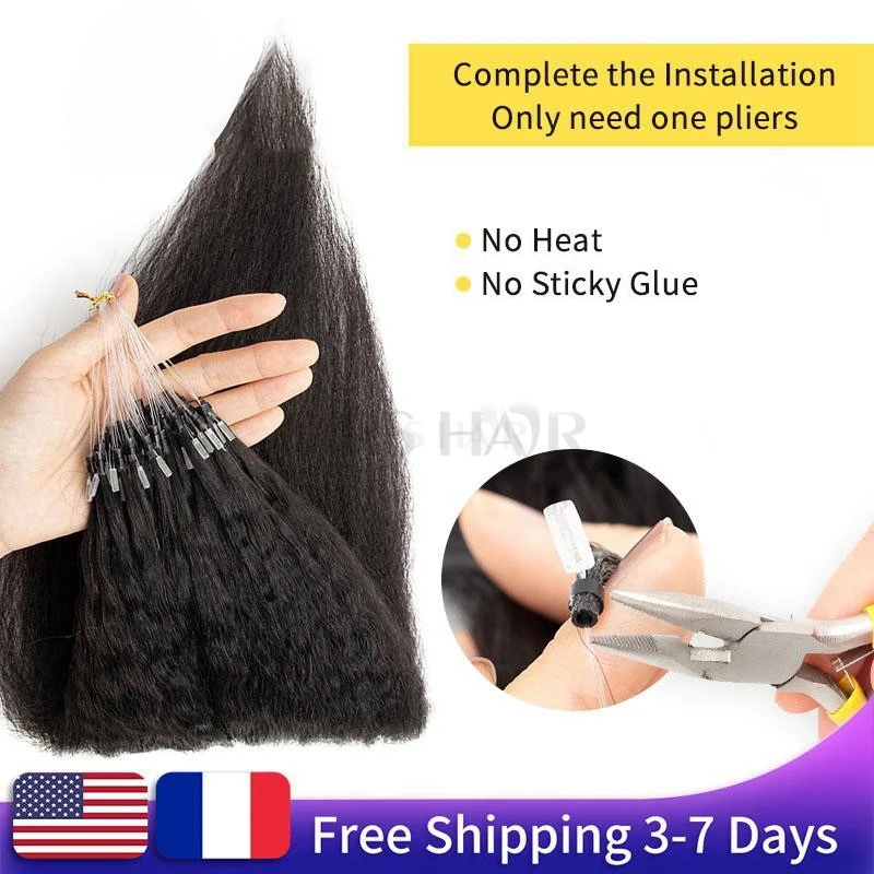 MRS HAIR Kinky Straight Micro Loop Human Hair Extensions Microring Hair extensions Soft Keratin Bonds Remy #1B 50strands/pack human hair extensions